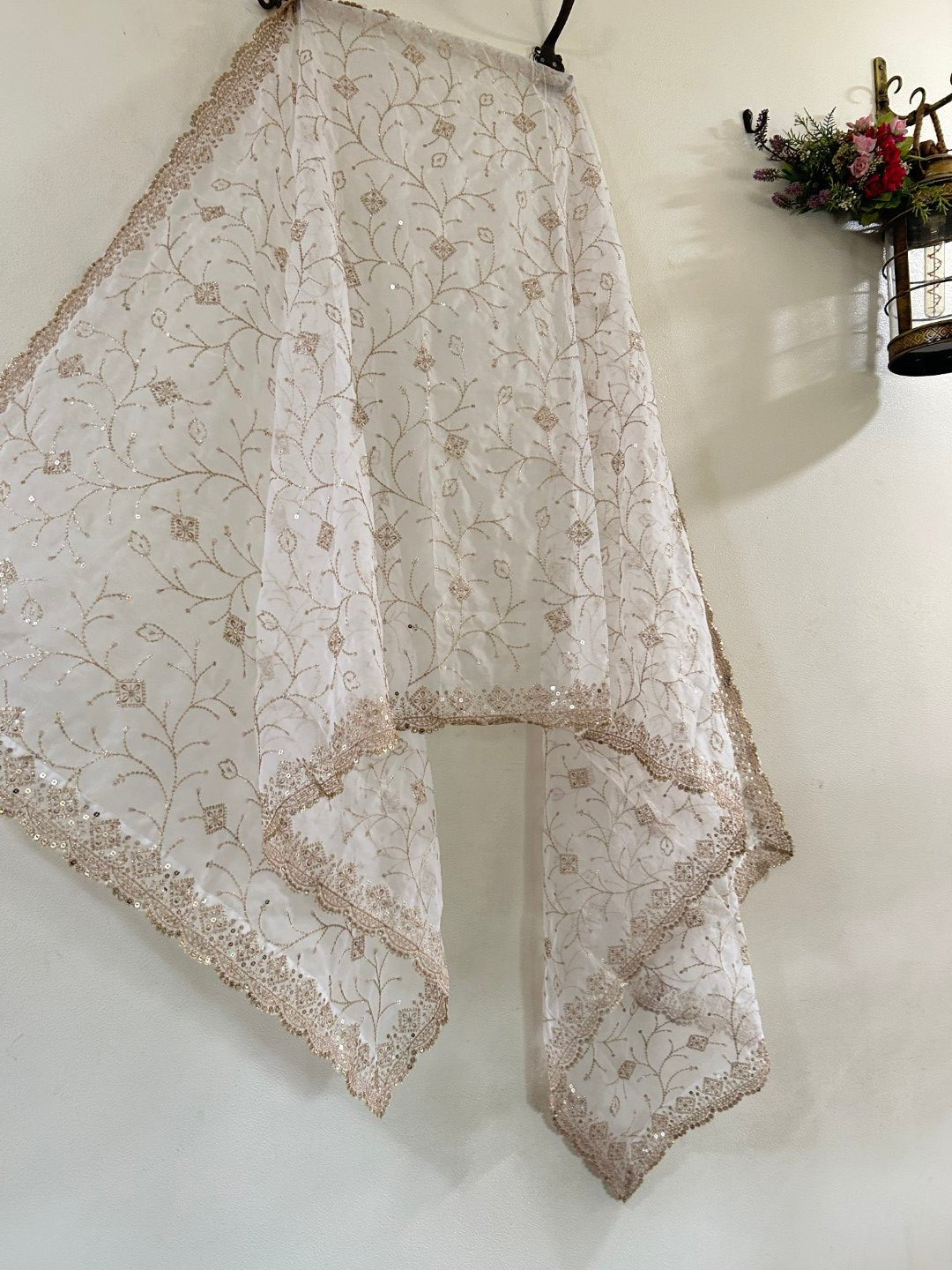 White Gold Dupatta all over embroidery. - Neel Creations By Saanvi