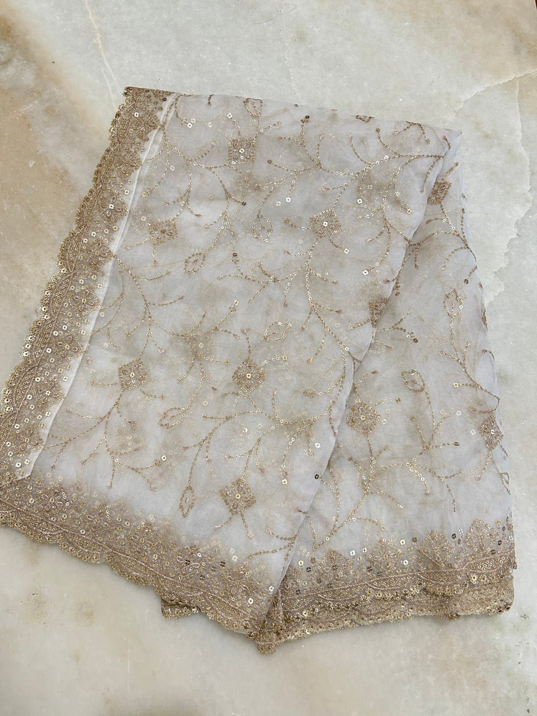 White Gold Dupatta all over embroidery. - Neel Creations By Saanvi