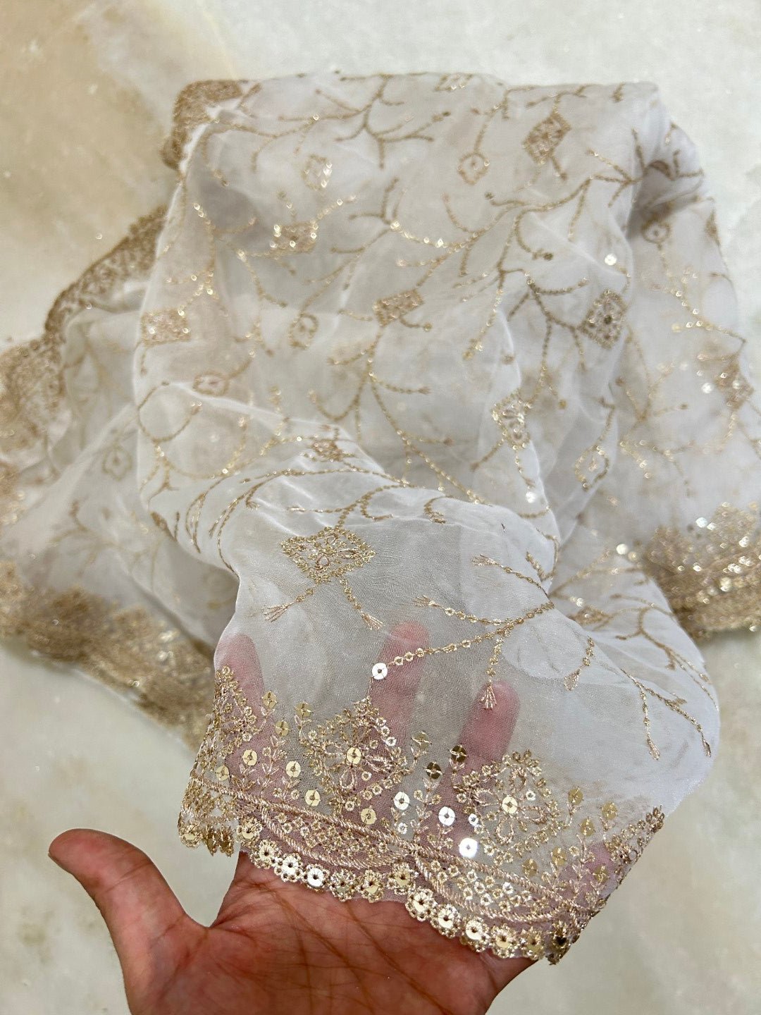 White Gold Dupatta all over embroidery. - Neel Creations By Saanvi