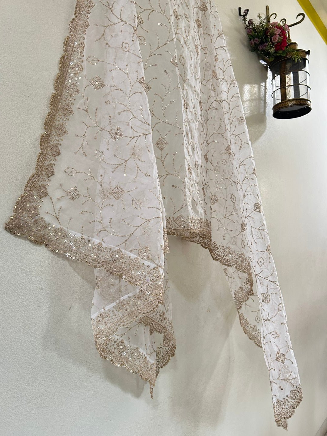 White Gold Dupatta all over embroidery. - Neel Creations By Saanvi