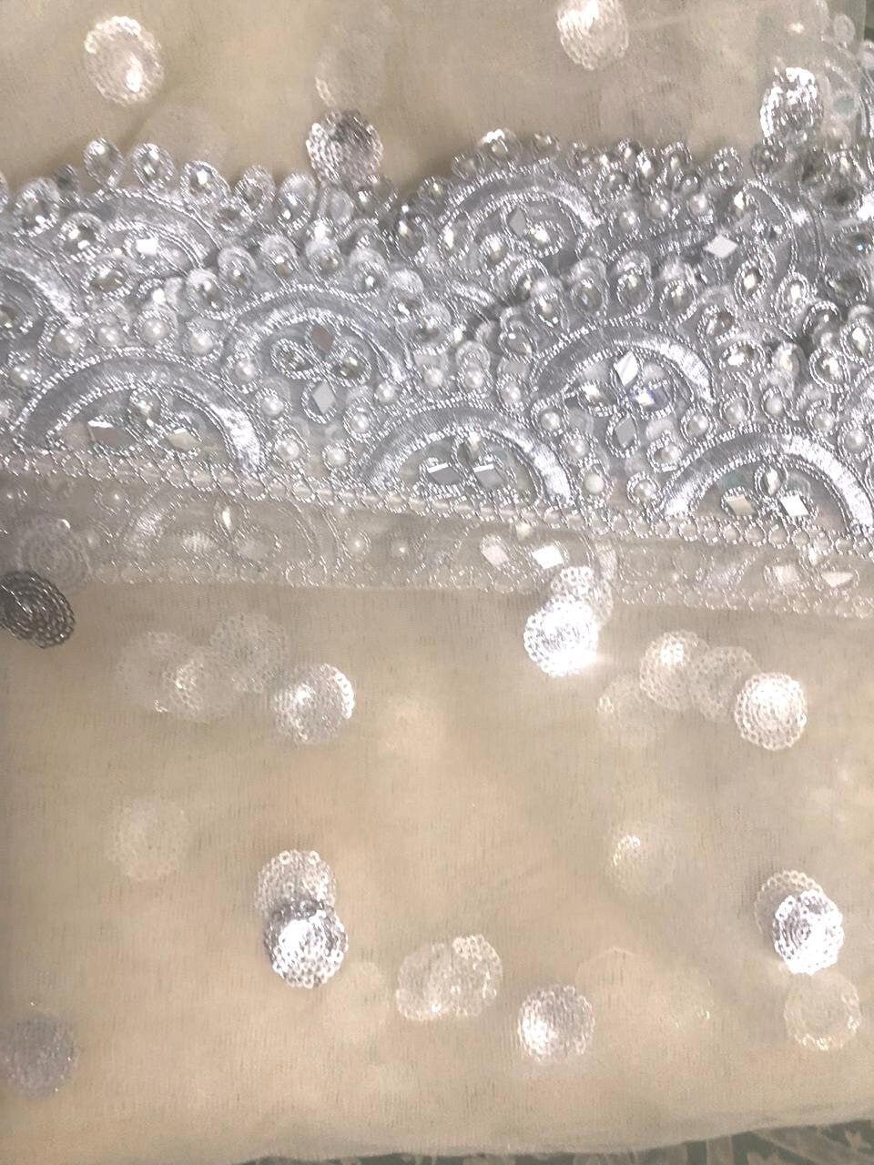 Beige silver dupatta with scallop border Indian net dupatta for women dress bridal dupatta - Neel Creations By Saanvi