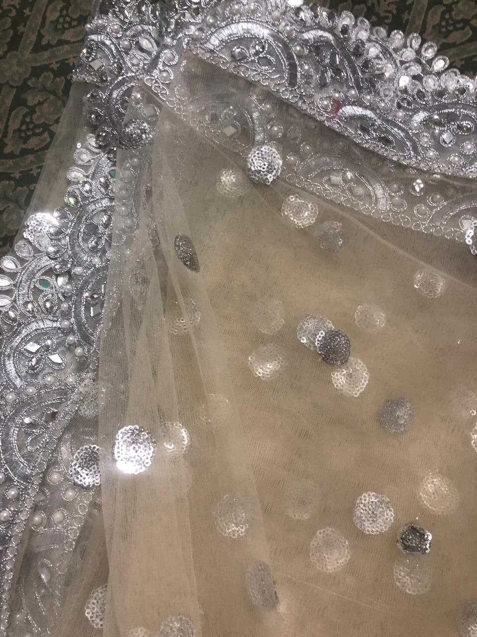 Beige silver dupatta with scallop border Indian net dupatta for women dress bridal dupatta - Neel Creations By Saanvi