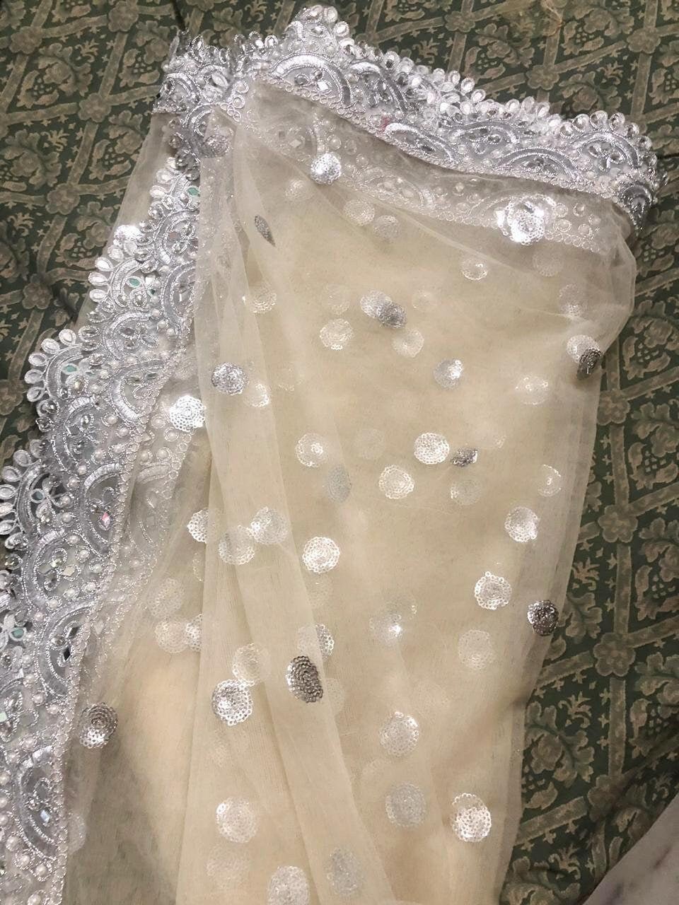 Beige silver dupatta with scallop border Indian net dupatta for women dress bridal dupatta - Neel Creations By Saanvi