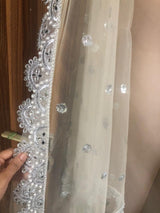 Beige silver dupatta with scallop border Indian net dupatta for women dress bridal dupatta - Neel Creations By Saanvi