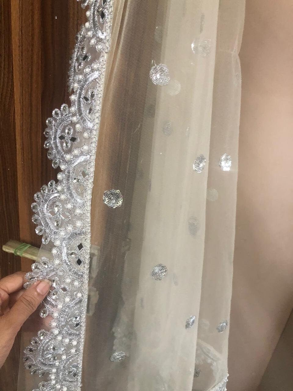 Beige silver dupatta with scallop border Indian net dupatta for women dress bridal dupatta - Neel Creations By Saanvi