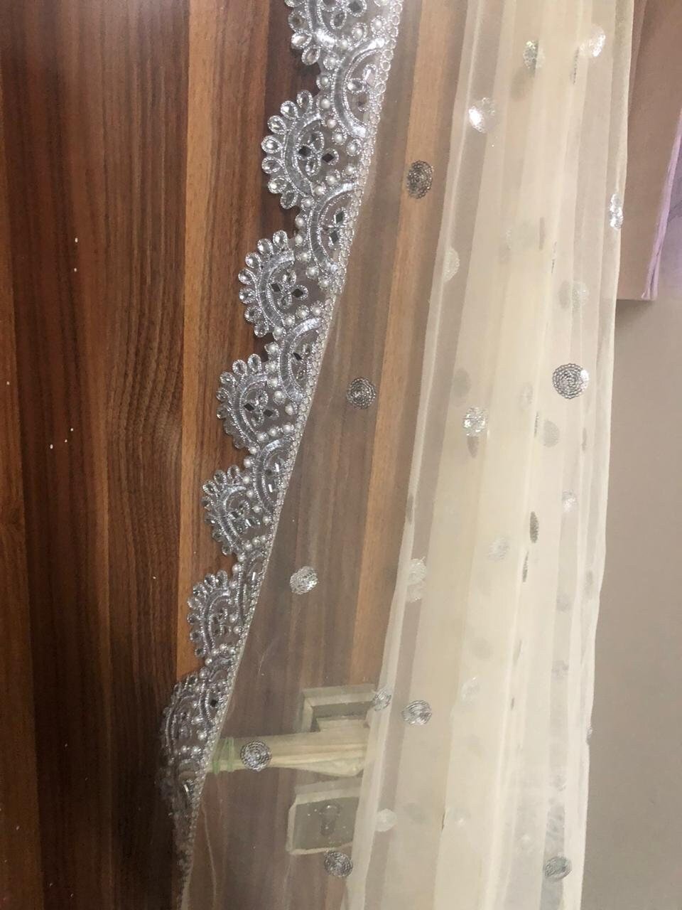 Beige silver dupatta with scallop border Indian net dupatta for women dress bridal dupatta - Neel Creations By Saanvi