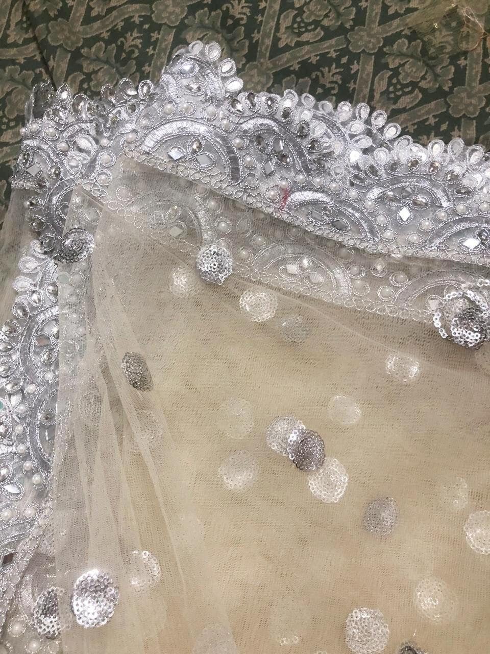 Beige silver dupatta with scallop border Indian net dupatta for women dress bridal dupatta - Neel Creations By Saanvi