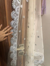 Beige silver dupatta with scallop border Indian net dupatta for women dress bridal dupatta - Neel Creations By Saanvi