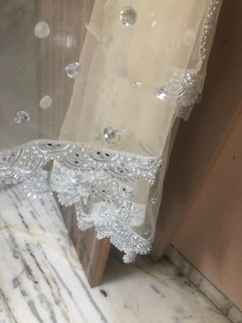 Beige silver dupatta with scallop border Indian net dupatta for women dress bridal dupatta - Neel Creations By Saanvi