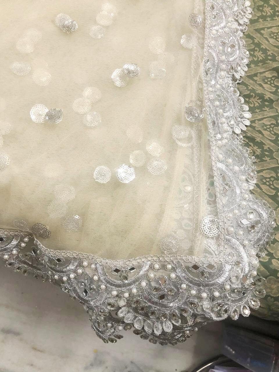 Beige silver dupatta with scallop border Indian net dupatta for women dress bridal dupatta - Neel Creations By Saanvi