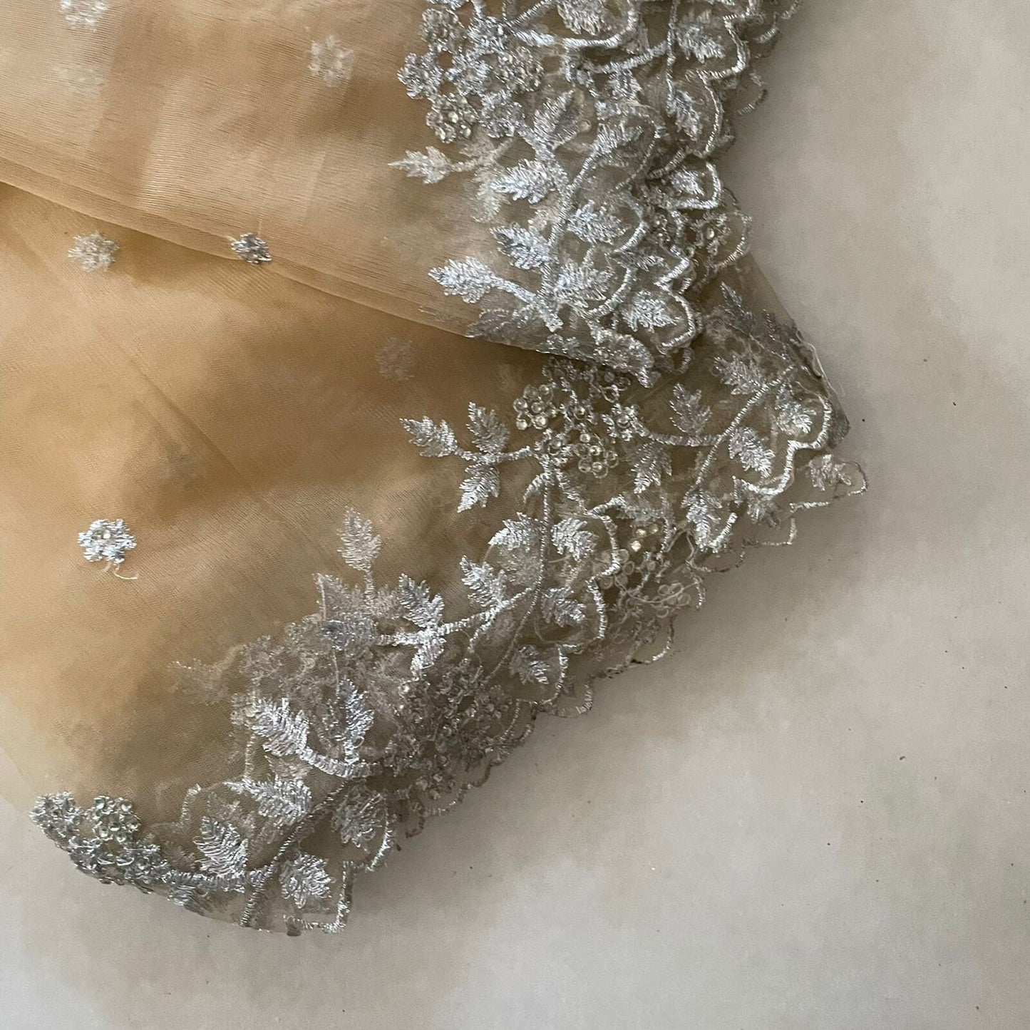 Beige silver Indian dupatta. Silver embellished beaded border net long dupatta - Neel Creations By Saanvi