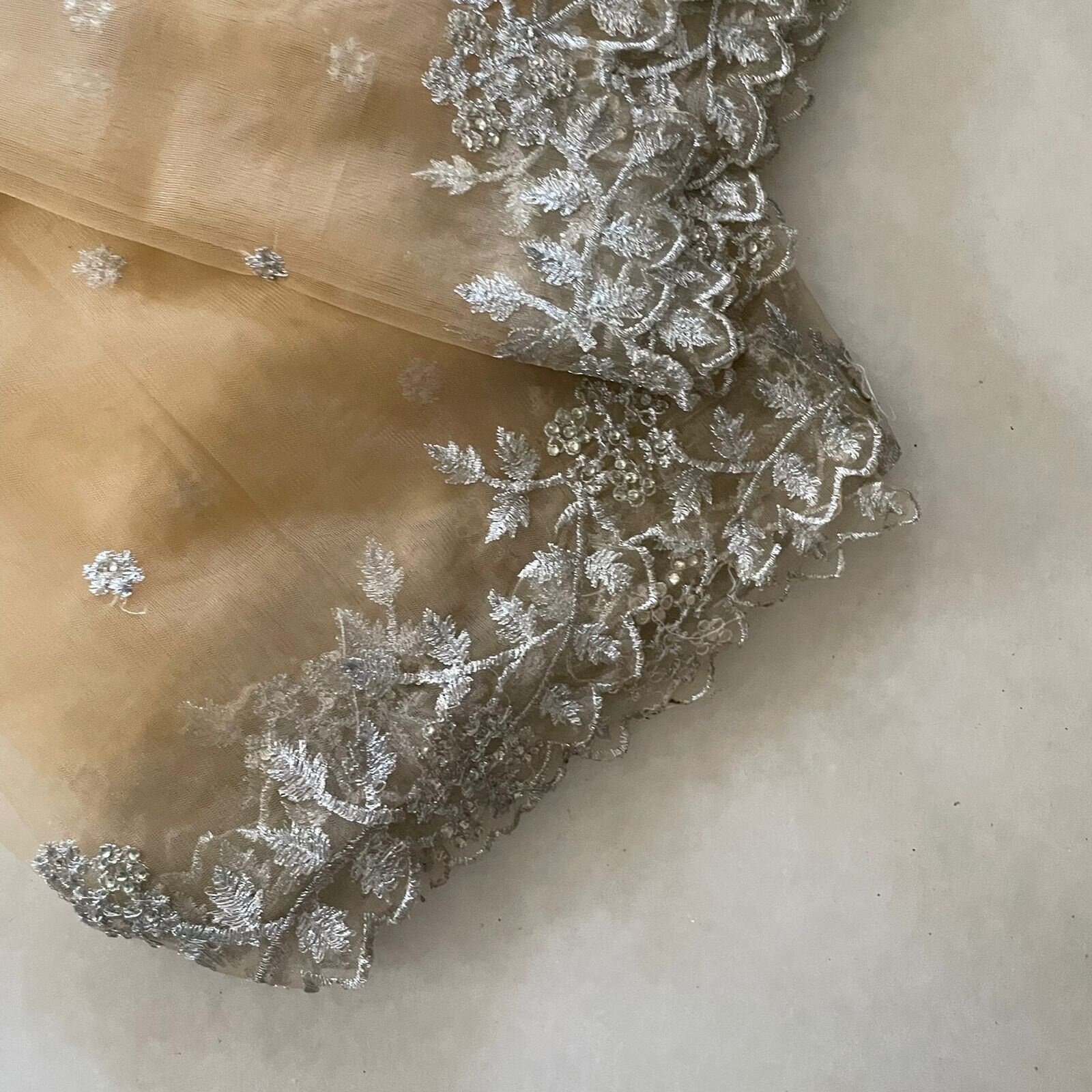 Beige silver Indian dupatta. Silver embellished beaded border net long dupatta - Neel Creations By Saanvi