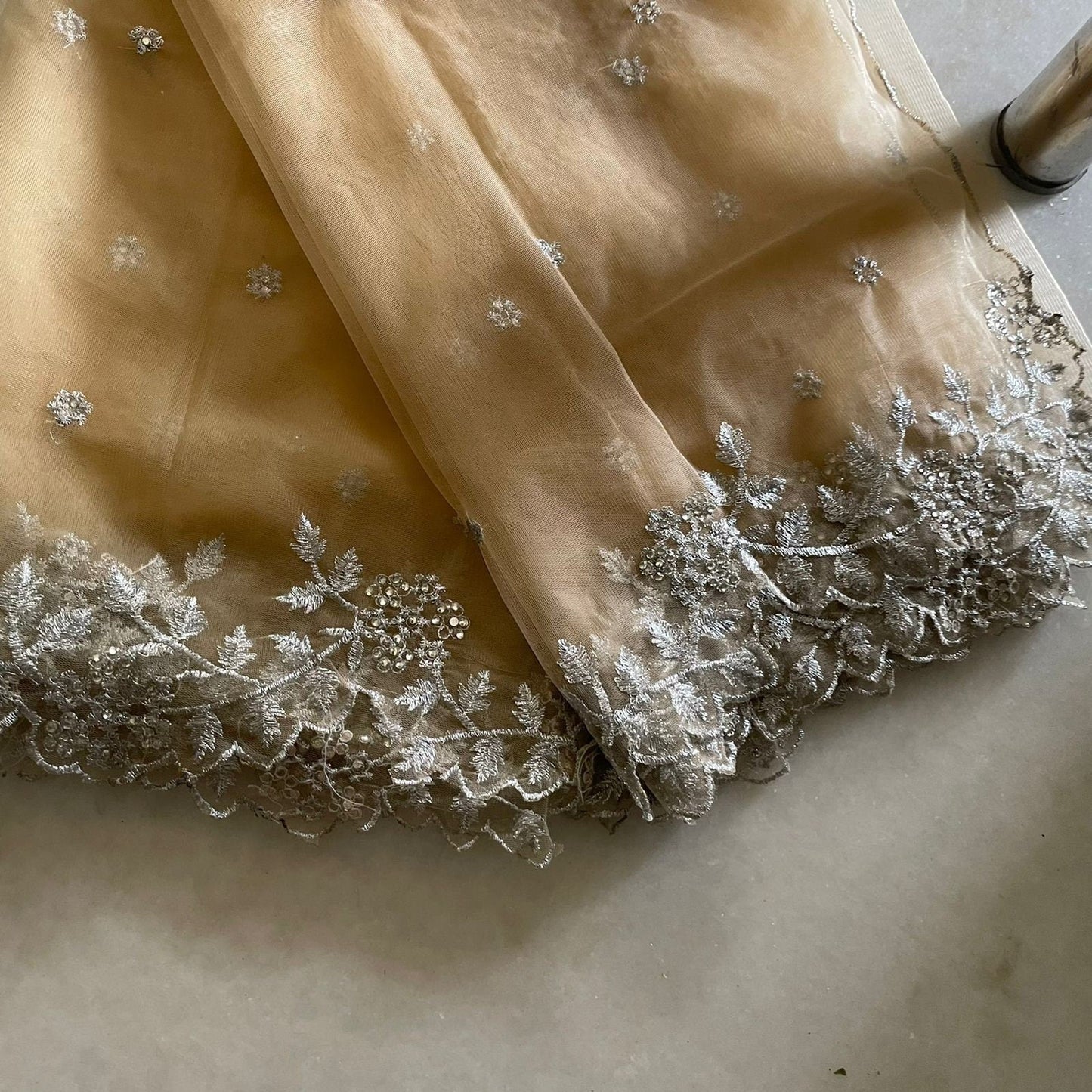 Beige silver Indian dupatta. Silver embellished beaded border net long dupatta - Neel Creations By Saanvi