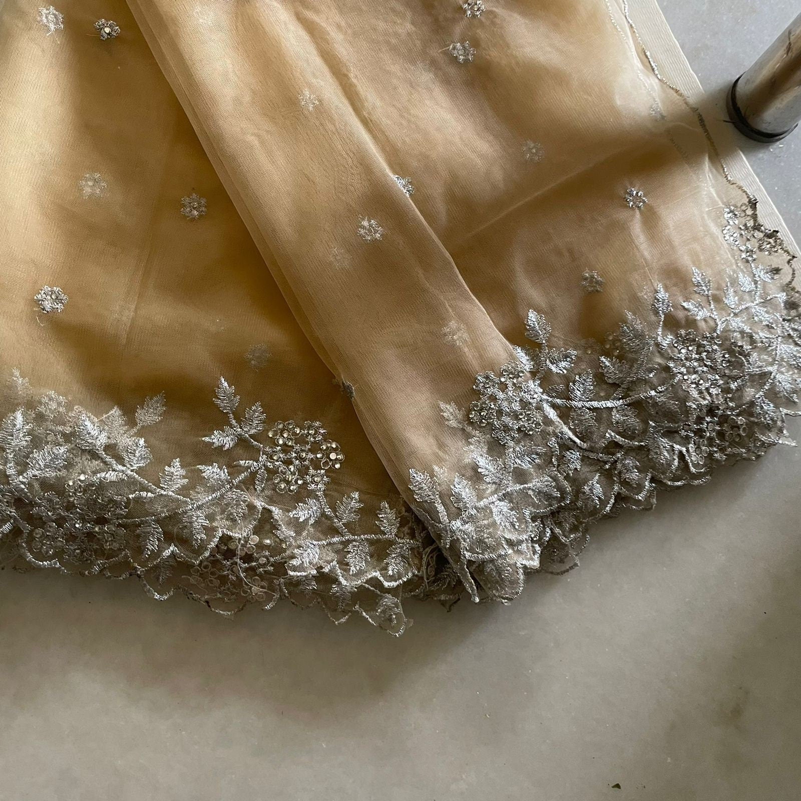 Beige silver Indian dupatta. Silver embellished beaded border net long dupatta - Neel Creations By Saanvi