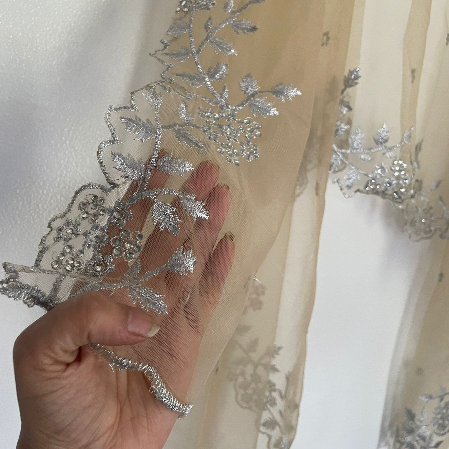 Beige silver Indian dupatta. Silver embellished beaded border net long dupatta - Neel Creations By Saanvi