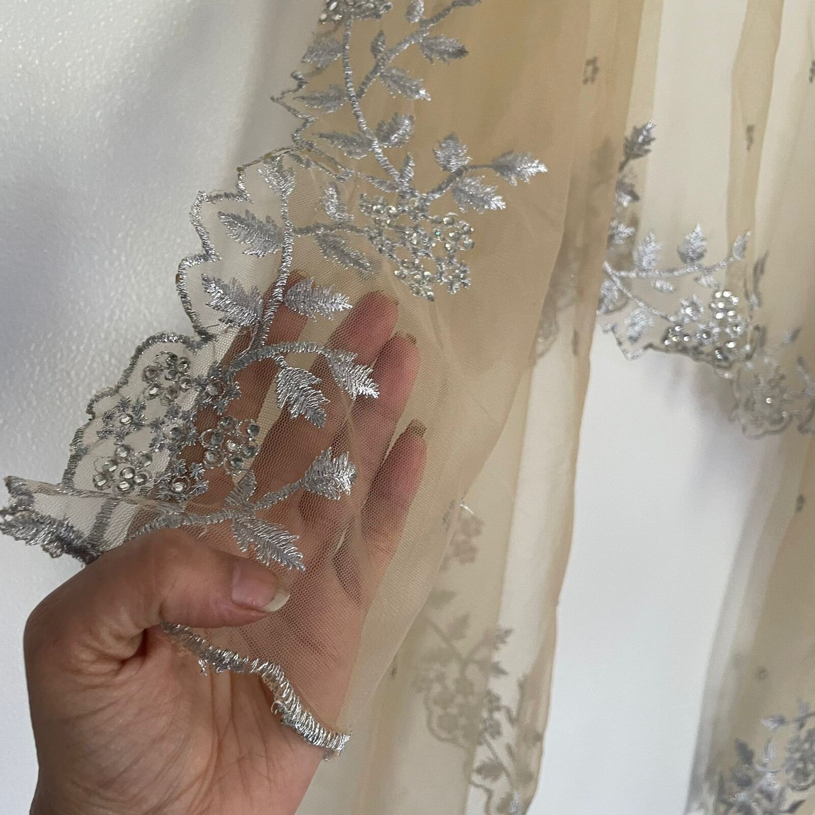 Beige silver Indian dupatta. Silver embellished beaded border net long dupatta - Neel Creations By Saanvi