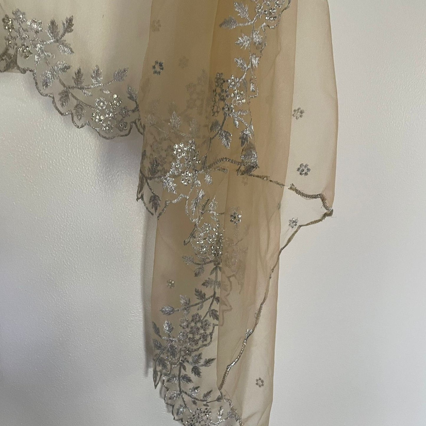 Beige silver Indian dupatta. Silver embellished beaded border net long dupatta - Neel Creations By Saanvi