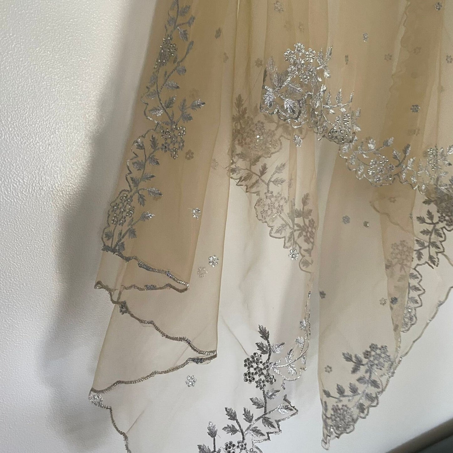 Beige silver Indian dupatta. Silver embellished beaded border net long dupatta - Neel Creations By Saanvi