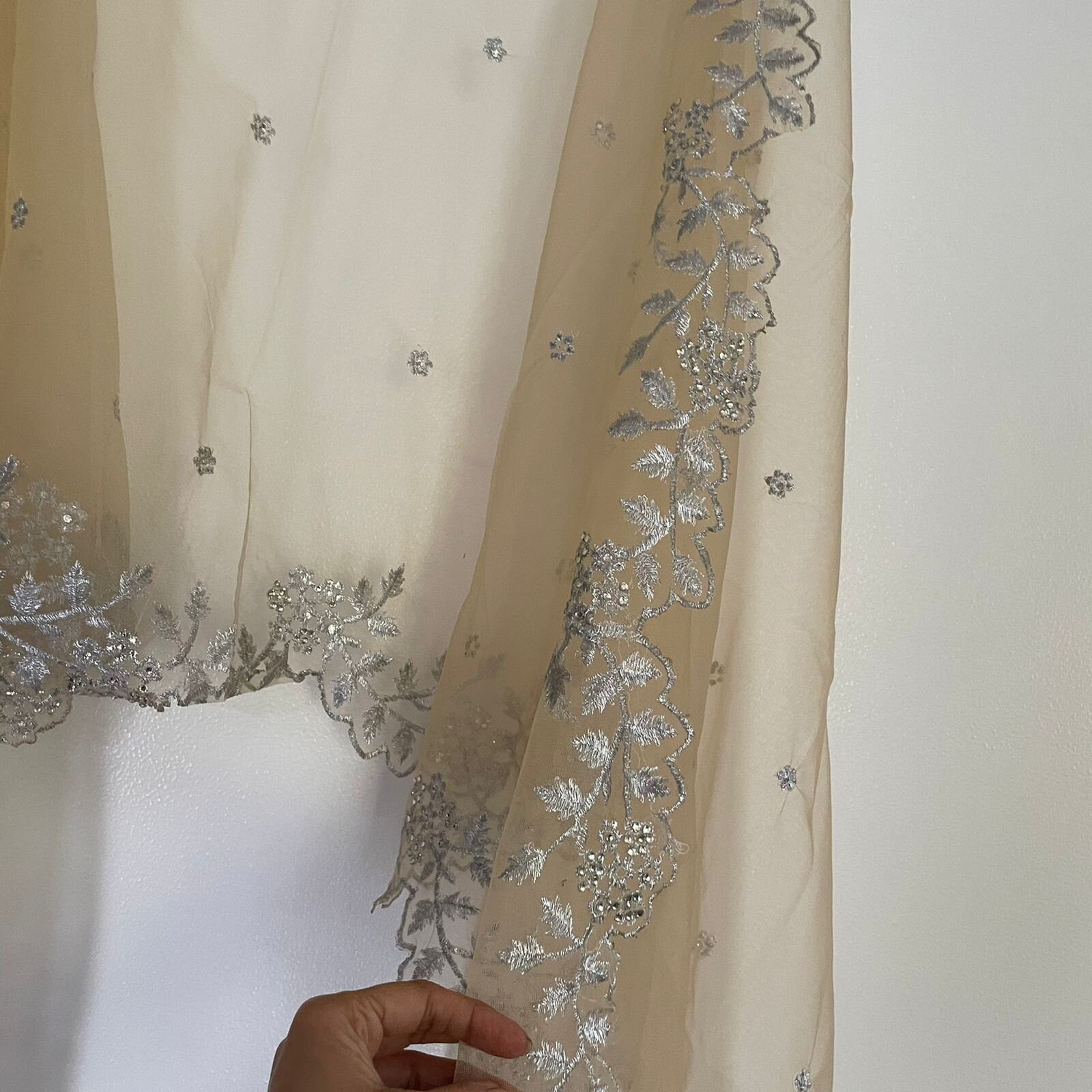 Beige silver Indian dupatta. Silver embellished beaded border net long dupatta - Neel Creations By Saanvi