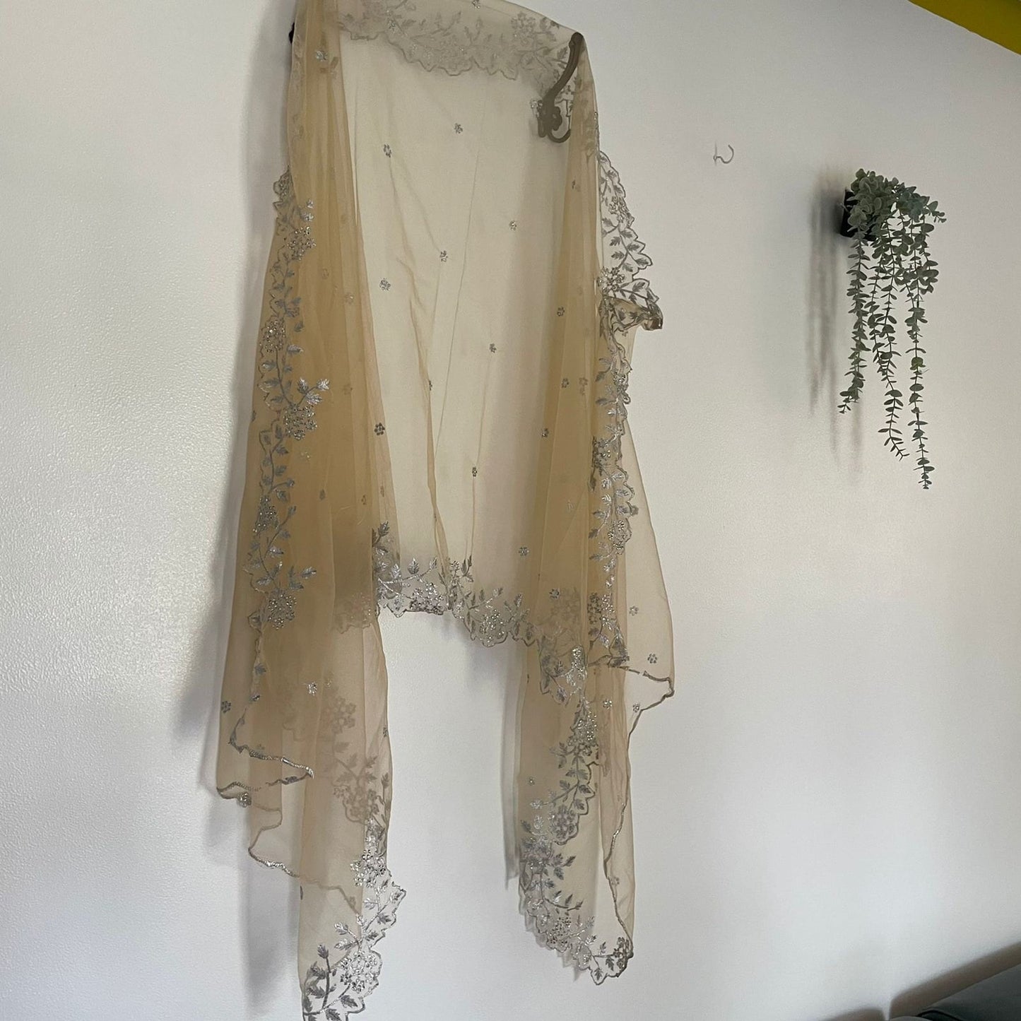 Beige silver Indian dupatta. Silver embellished beaded border net long dupatta - Neel Creations By Saanvi