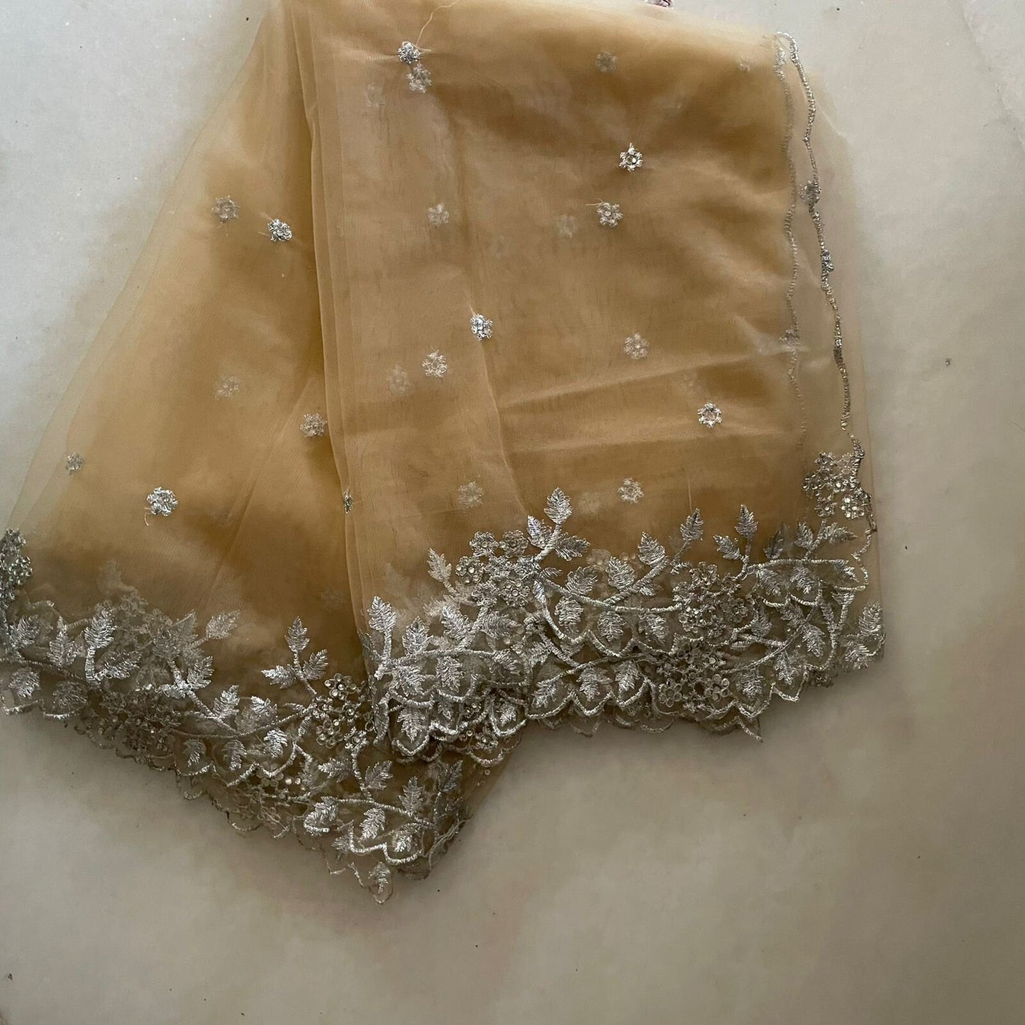 Beige silver Indian dupatta. Silver embellished beaded border net long dupatta - Neel Creations By Saanvi