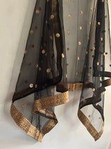 Black dupatta with sequin motifs and copper gold border. Designer Indian dupatta for women - Neel Creations By Saanvi