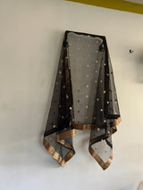 Black dupatta with sequin motifs and copper gold border. Designer Indian dupatta for women - Neel Creations By Saanvi