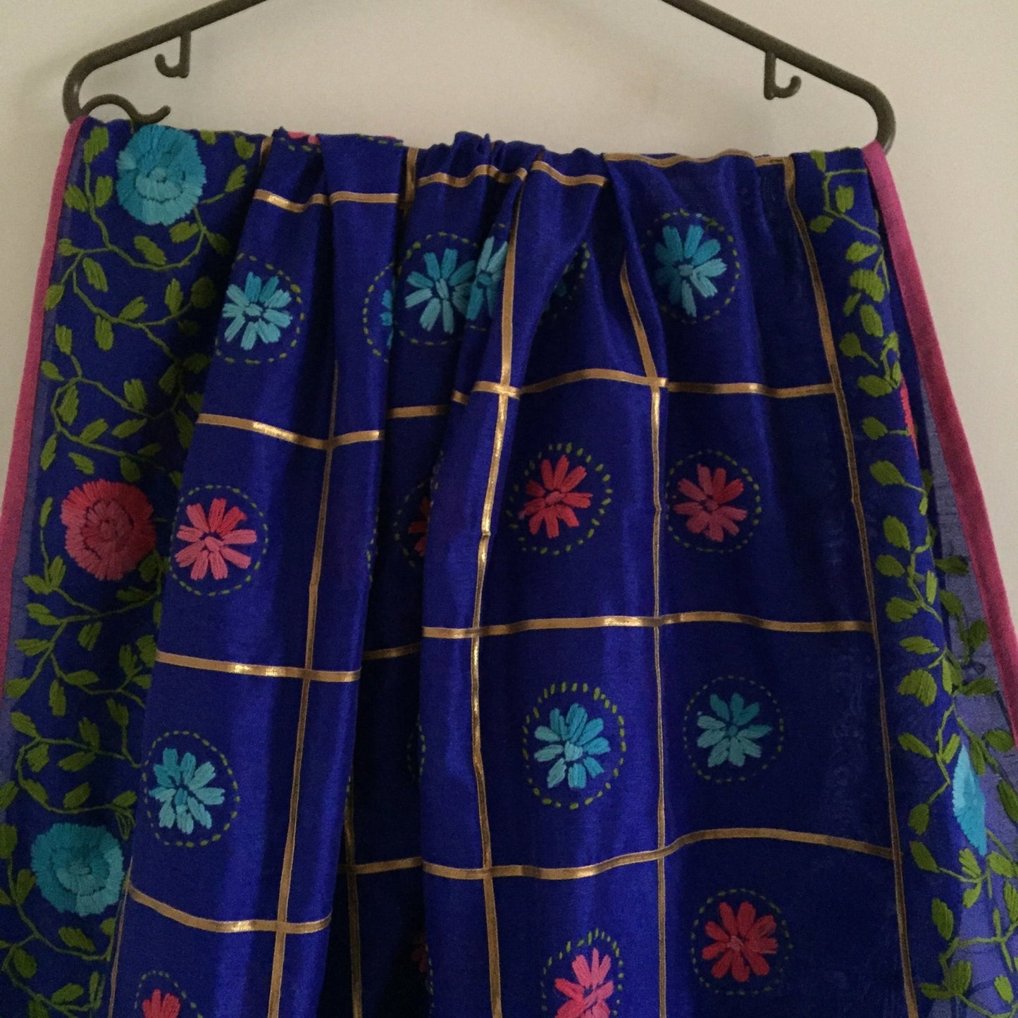 Blue chanderi Phulkari Indian dupatta. Punjabi dupatta thread embroidery - Neel Creations By Saanvi