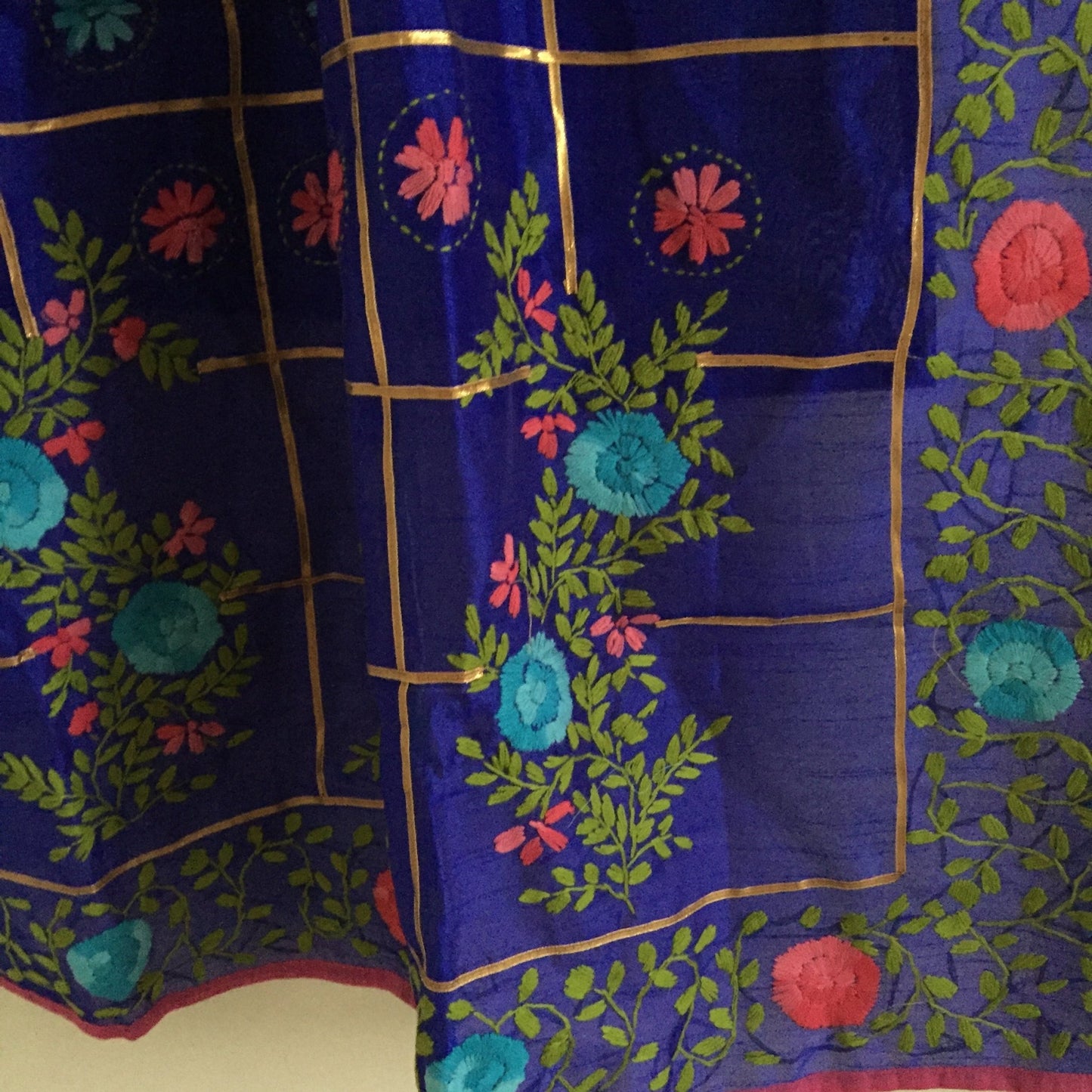 Blue chanderi Phulkari Indian dupatta. Punjabi dupatta thread embroidery - Neel Creations By Saanvi