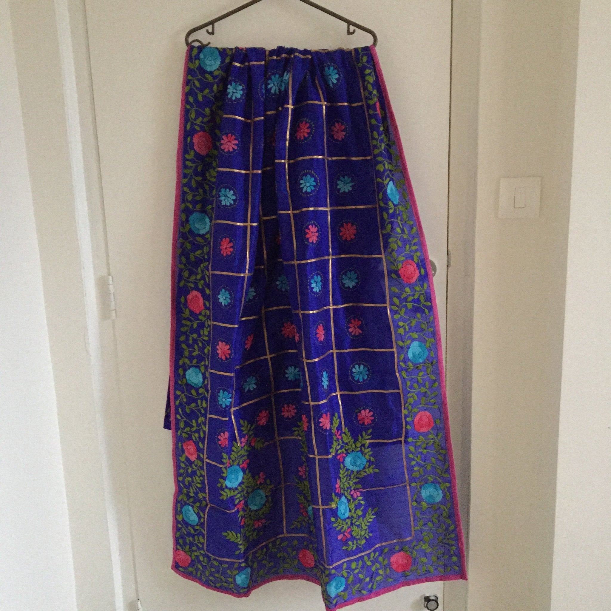 Blue chanderi Phulkari Indian dupatta. Punjabi dupatta thread embroidery - Neel Creations By Saanvi