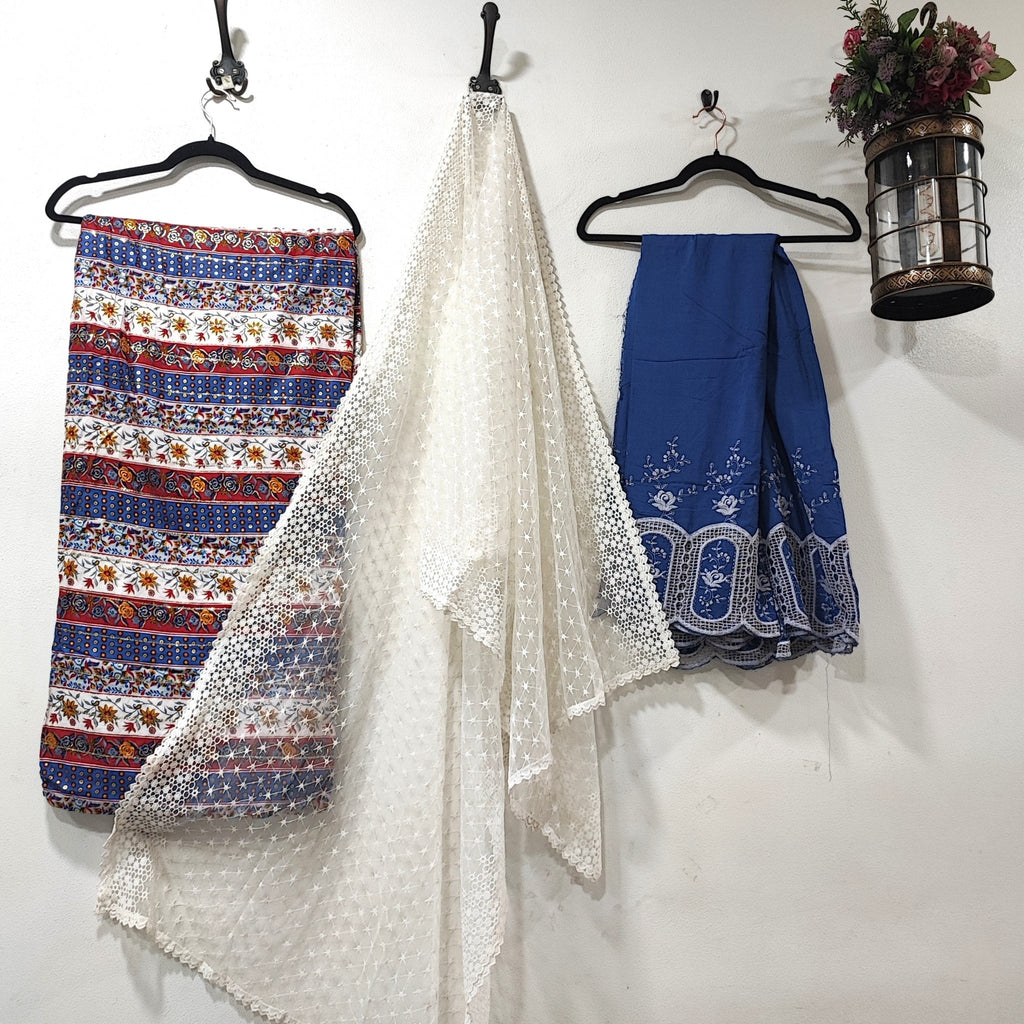 Blue off white cotton kurta palazzo material - Unstitched - Neel Creations By Saanvi