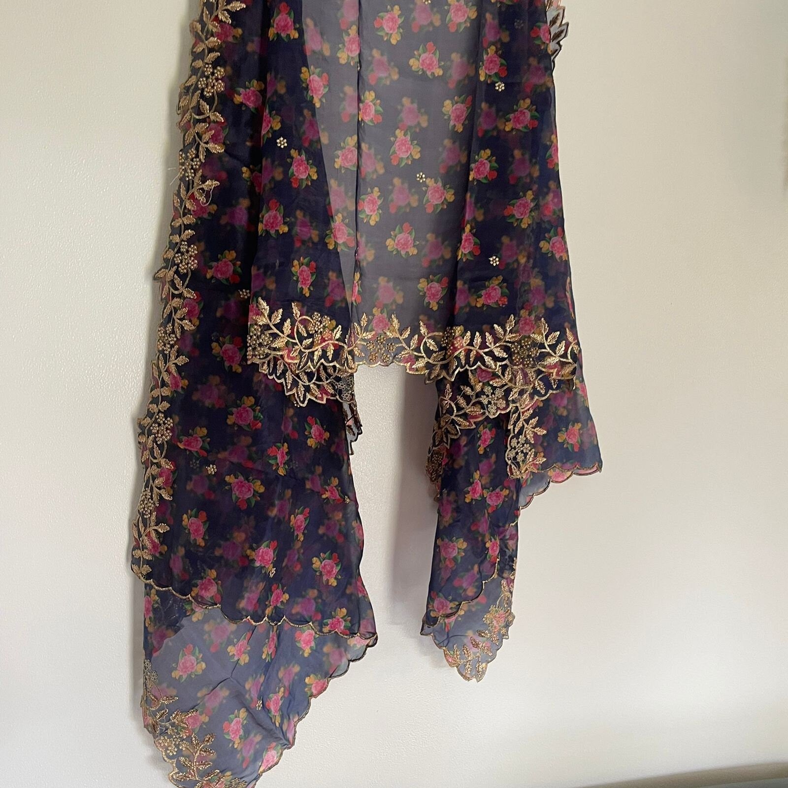 Blue pink floral organza Indian Dupatta | Long dupatta embroidered scarf | Punjabi dress dupattas embroidery for lehenga | Dupatta - Neel Creations By Saanvi