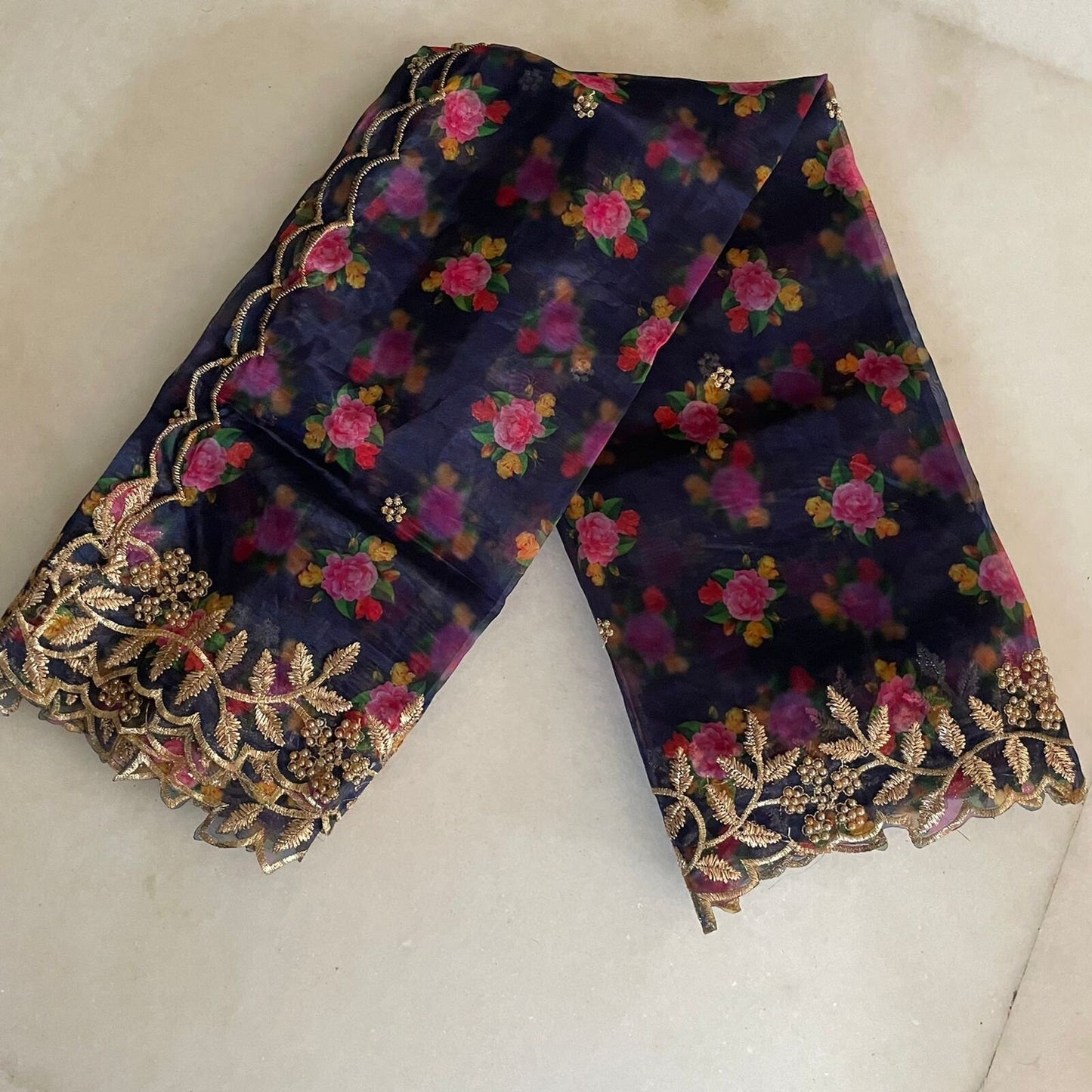 Blue pink floral organza Indian Dupatta | Long dupatta embroidered scarf | Punjabi dress dupattas embroidery for lehenga | Dupatta - Neel Creations By Saanvi