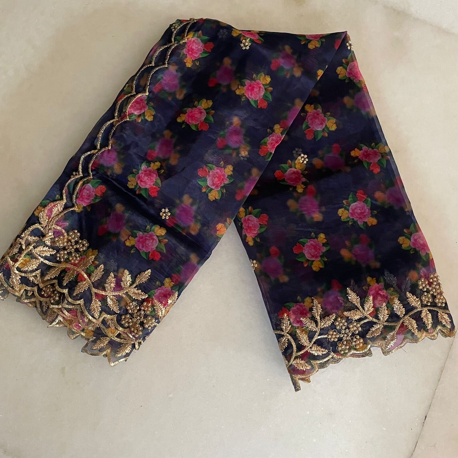 Blue pink floral organza Indian Dupatta | Long dupatta embroidered scarf | Punjabi dress dupattas embroidery for lehenga | Dupatta - Neel Creations By Saanvi