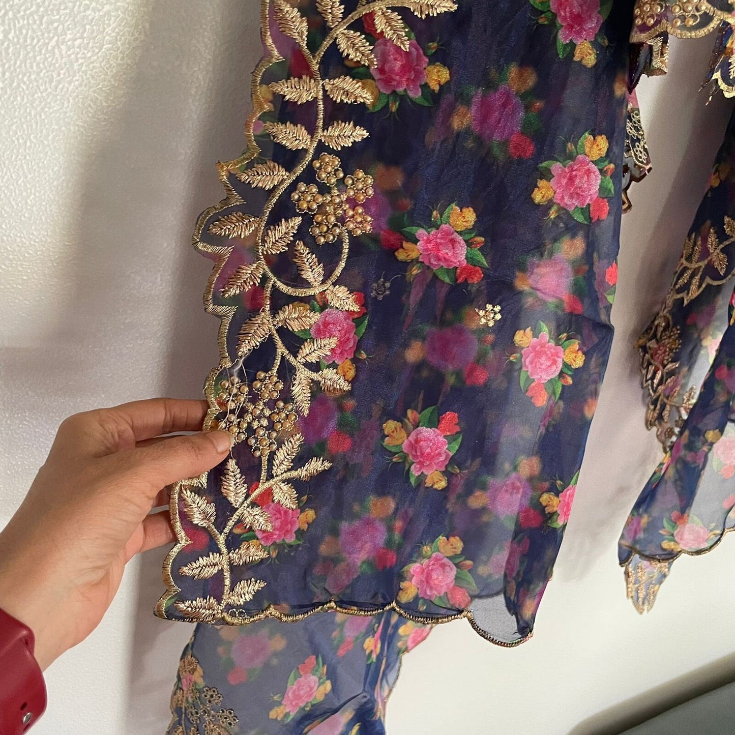 Blue pink floral organza Indian Dupatta | Long dupatta embroidered scarf | Punjabi dress dupattas embroidery for lehenga | Dupatta - Neel Creations By Saanvi