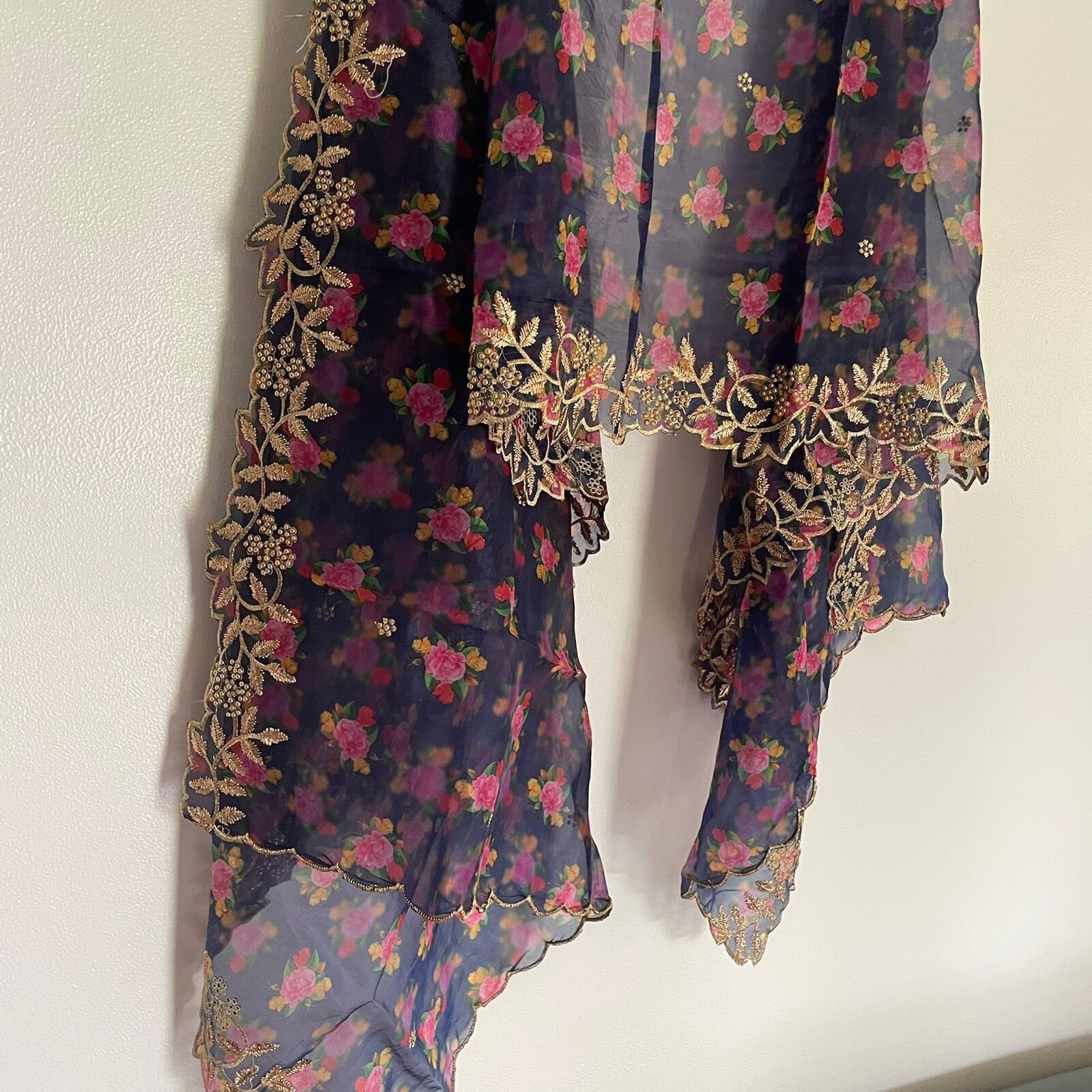 Blue pink floral organza Indian Dupatta | Long dupatta embroidered scarf | Punjabi dress dupattas embroidery for lehenga | Dupatta - Neel Creations By Saanvi