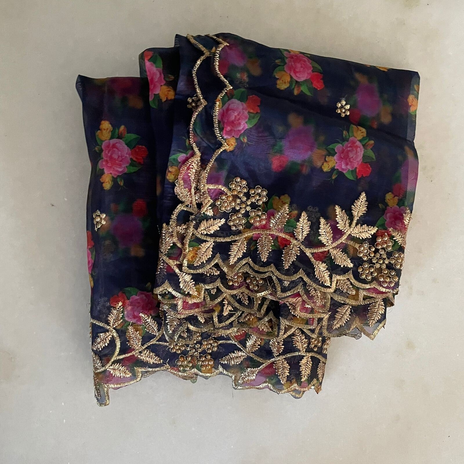 Blue pink floral organza Indian Dupatta | Long dupatta embroidered scarf | Punjabi dress dupattas embroidery for lehenga | Dupatta - Neel Creations By Saanvi