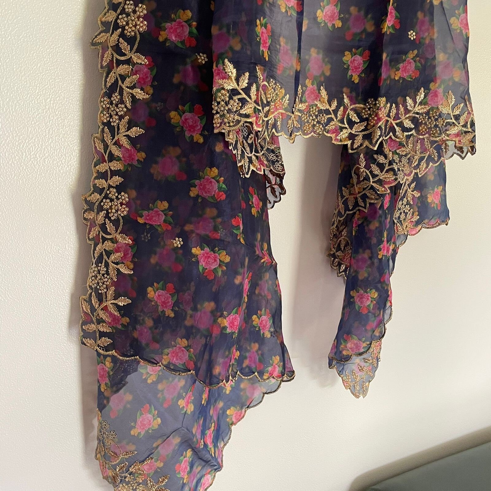 Blue pink floral organza Indian Dupatta | Long dupatta embroidered scarf | Punjabi dress dupattas embroidery for lehenga | Dupatta - Neel Creations By Saanvi