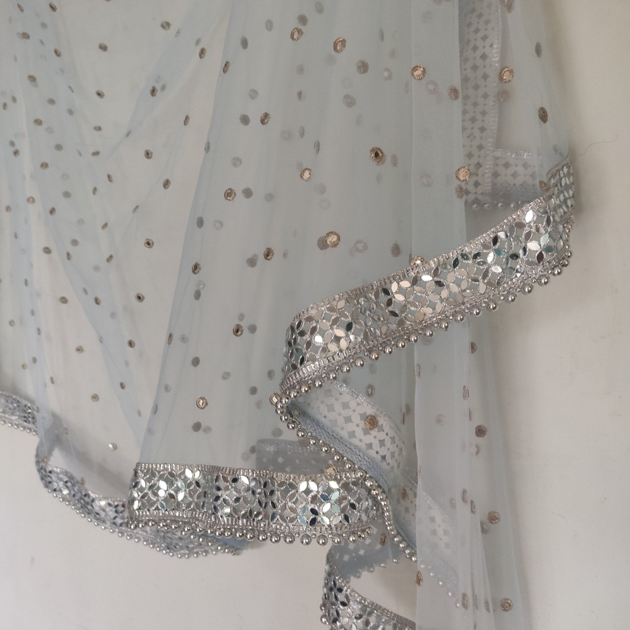 Blue Silver Dupatta Mirror border dupatta - Ice blue Indian Net dupatta - Designer bridal wedding veil for women. Beaded border. - Neel Creations By Saanvi