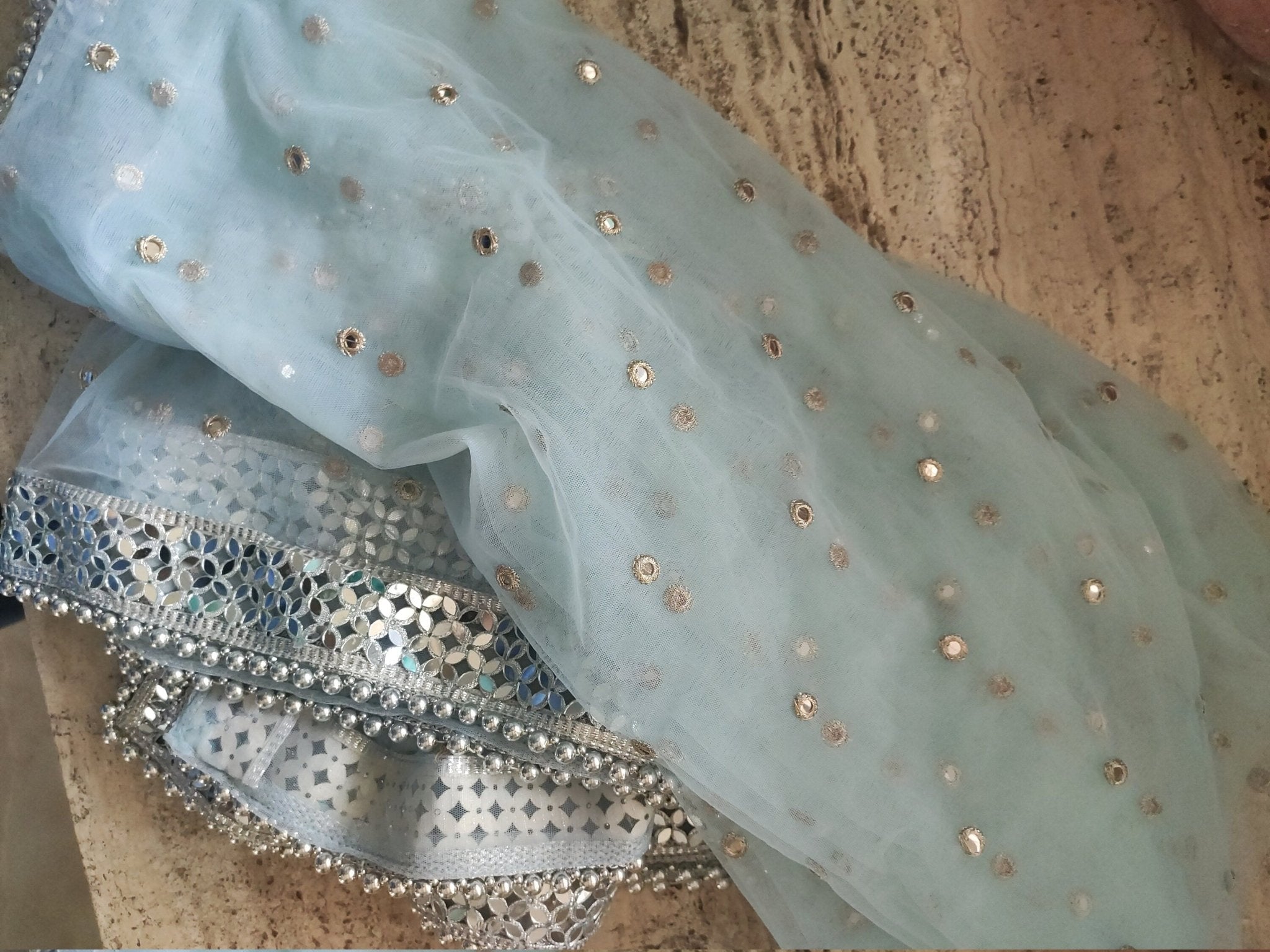 Blue Silver Dupatta Mirror border dupatta - Ice blue Indian Net dupatta - Designer bridal wedding veil for women. Beaded border. - Neel Creations By Saanvi