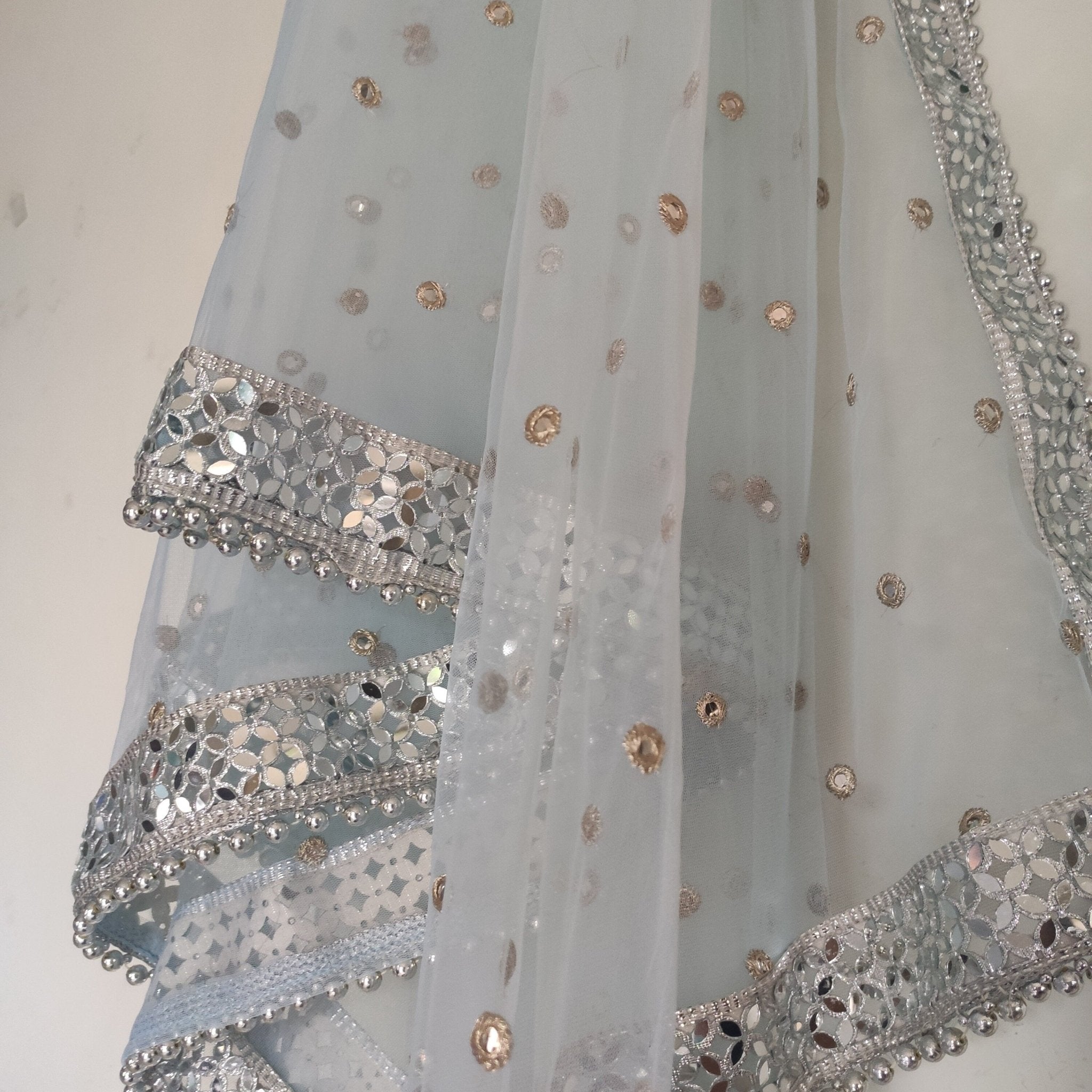 Blue Silver Dupatta Mirror border dupatta - Ice blue Indian Net dupatta - Designer bridal wedding veil for women. Beaded border. - Neel Creations By Saanvi