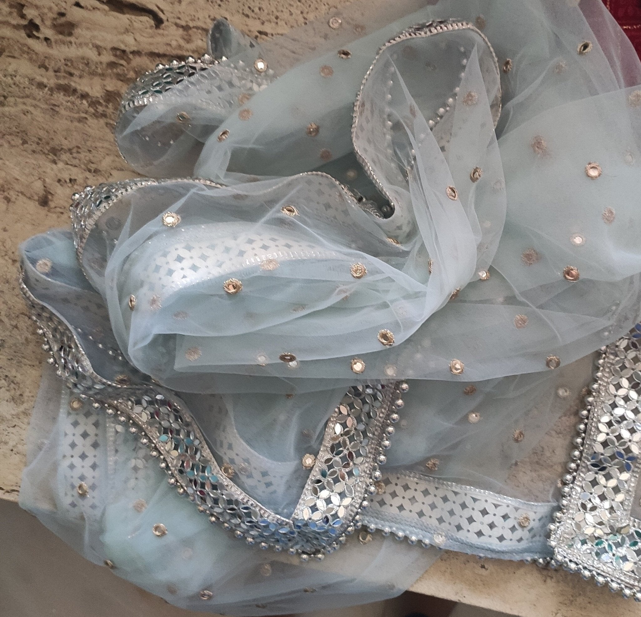 Blue Silver Dupatta Mirror border dupatta - Ice blue Indian Net dupatta - Designer bridal wedding veil for women. Beaded border. - Neel Creations By Saanvi