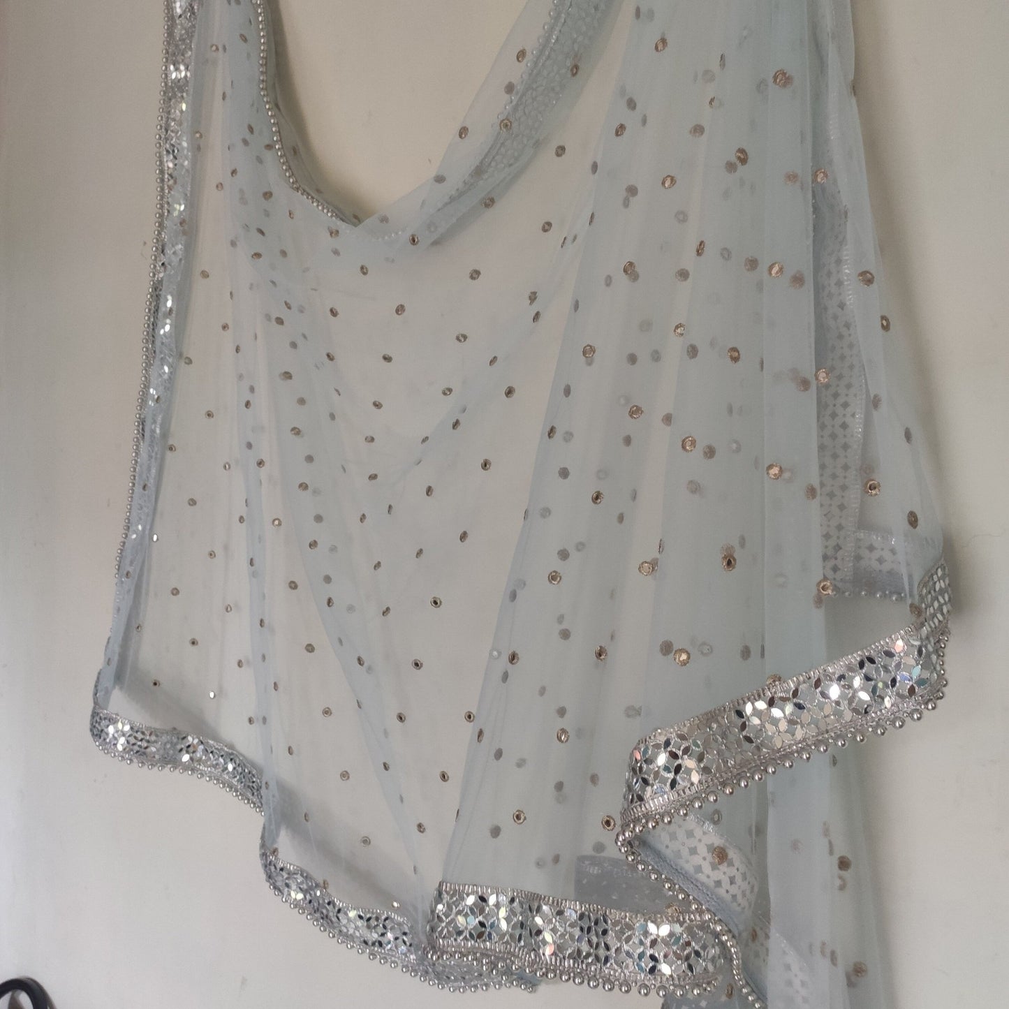 Blue Silver Dupatta Mirror border dupatta - Ice blue Indian Net dupatta - Designer bridal wedding veil for women. Beaded border. - Neel Creations By Saanvi