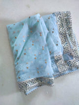 Blue Silver Dupatta Mirror border dupatta - light blue Indian Net dupatta - Designer bridal wedding veil for women. Beaded border. - Neel Creations By Saanvi