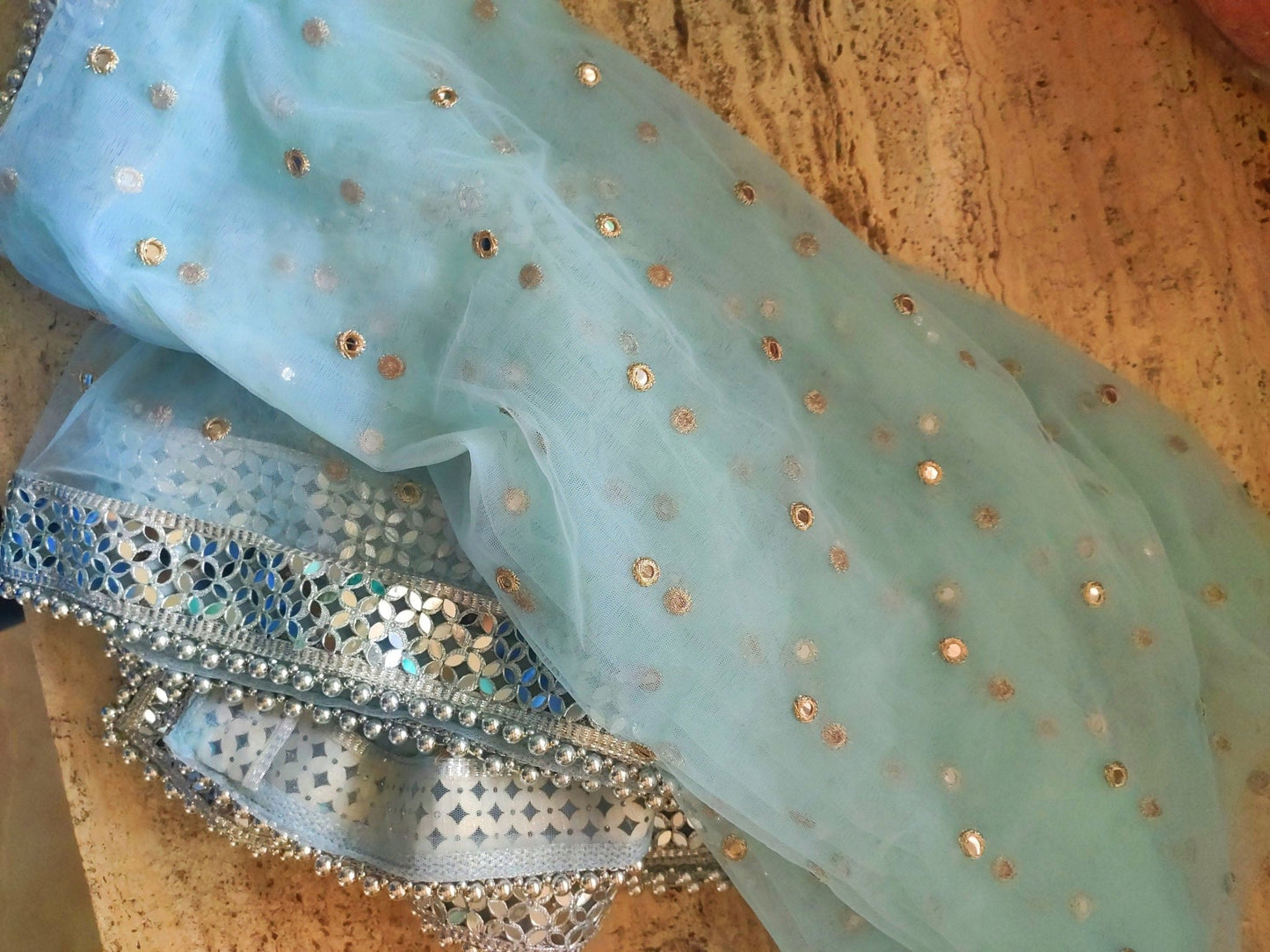 Blue Silver Dupatta Mirror border dupatta - light blue Indian Net dupatta - Designer bridal wedding veil for women. Beaded border. - Neel Creations By Saanvi