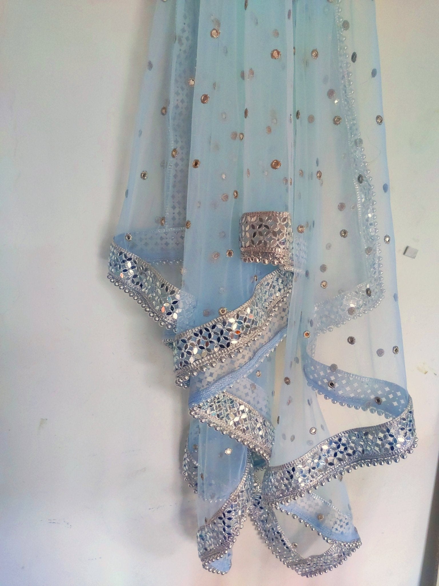 Blue Silver Dupatta Mirror border dupatta - light blue Indian Net dupatta - Designer bridal wedding veil for women. Beaded border. - Neel Creations By Saanvi