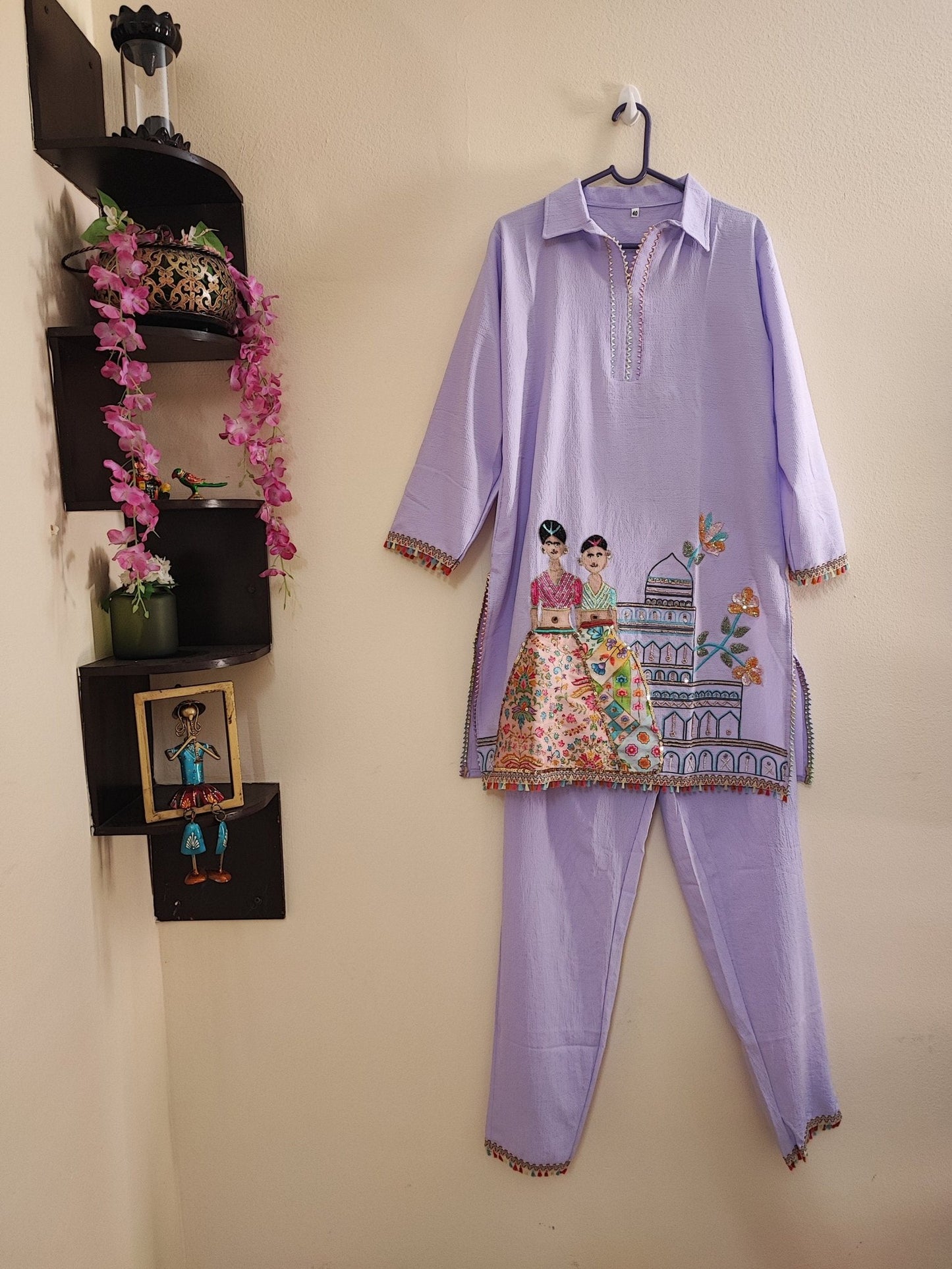 Co-ord set with doll embroidery. Designer pant and shirt set - Neel Creations By Saanvi