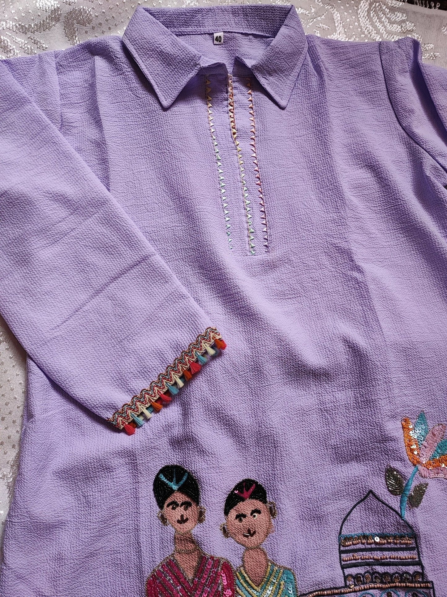 Co-ord set with doll embroidery. Designer pant and shirt set - Neel Creations By Saanvi