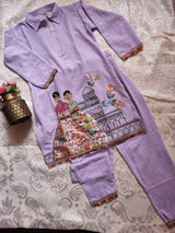 Co-ord set with doll embroidery. Designer pant and shirt set - Neel Creations By Saanvi