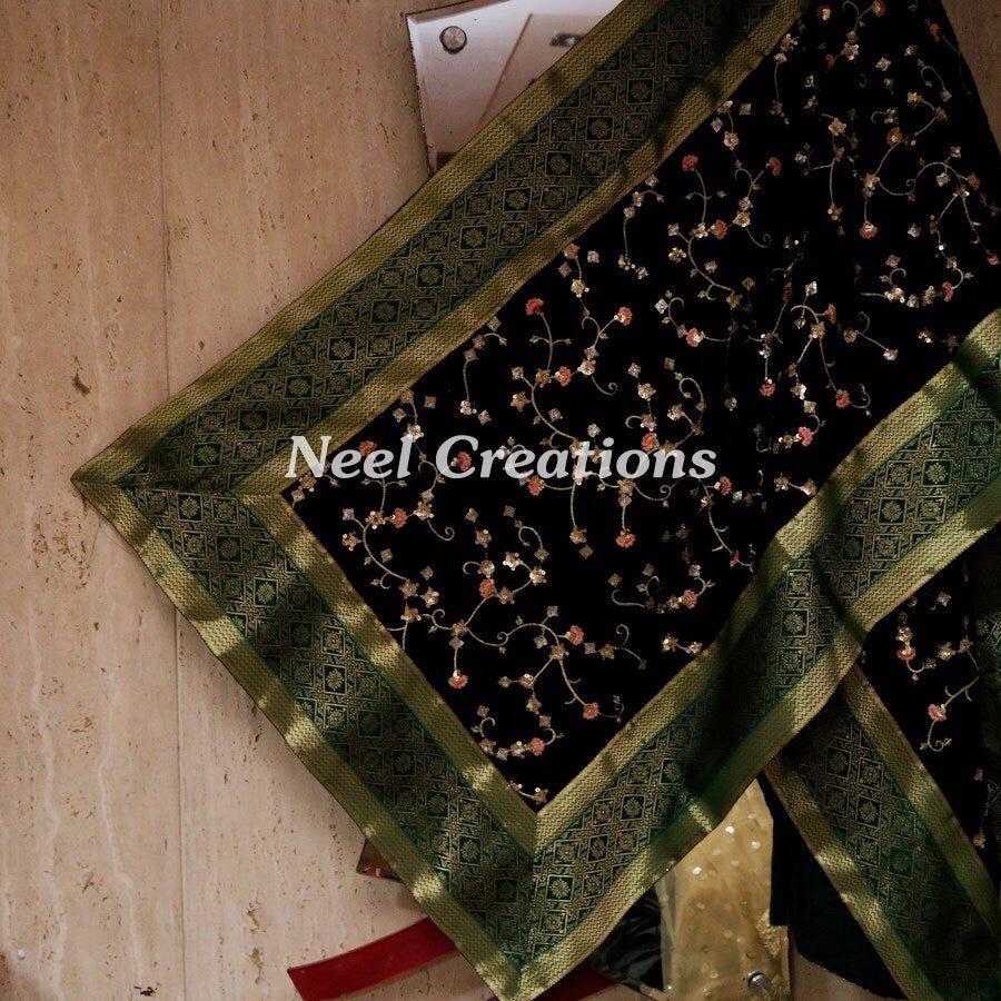Designer velvet stole emerald green dupatta for women - Neel Creations By Saanvi